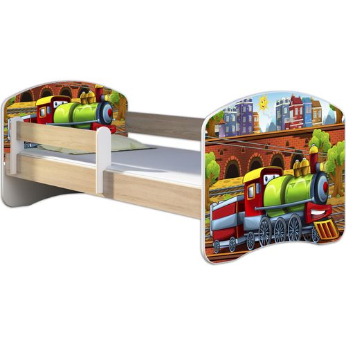 ACMA Jugendbett Kinderbett Junior-Bett Komplett-Set mit Matratze Lattenrost und Rausfallschutz Sonoma 44 Lokomotive 140x70