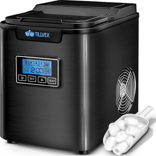 tillvex Eiswürfelmaschine Edelstahl Schwarz 12 kg - 24 h | Eiswürfelbereiter mit Timer und 2,2 Liter Wassertank | Ice-Maker LCD-Display & Selbstreinigungsfunktion | 3 Eiswürfel Größen