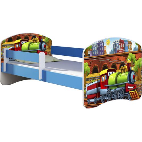 ACMA Jugendbett Kinderbett Junior-Bett Komplett-Set mit Matratze Lattenrost und Rausfallschutz Blau 44 Lokomotive 140x70