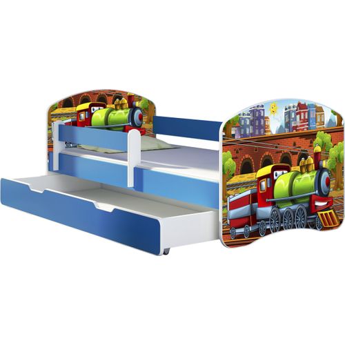 ACMA Jugendbett Kinderbett Junior-Bett Komplett-Set mit Matratze Lattenrost und Rausfallschutz Blau 44 Lokomotive 180x80 + Bettkasten