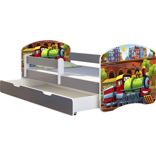 ACMA Jugendbett Kinderbett Junior-Bett Komplett-Set mit Matratze Lattenrost und Rausfallschutz Grau 44 Lokomotive 180x80 + Bettkasten