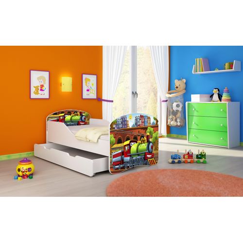 ACMA I Jugendbett Kinderbett Junior-Bett Komplett-Set mit Matratze Lattenrost Weiß 44 Lokomotive 160x80 + Bettkasten