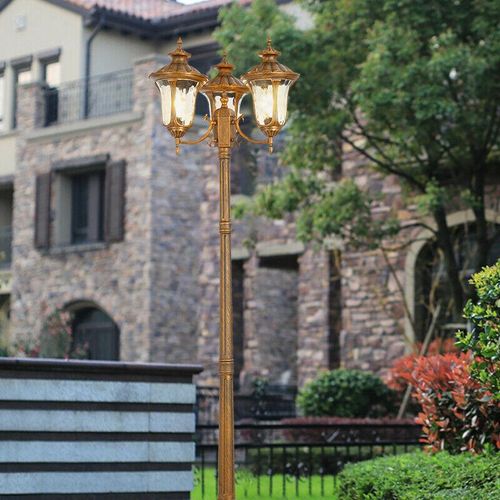 Gartenlampe Außenleuchte Kandelaber HW250cm 3-armige Wegeleuchte in antikem Look, Aluguß in Braun/Gold, Echtglas-Scheiben Retro/Vintage E27-Fassung (HW250-3)