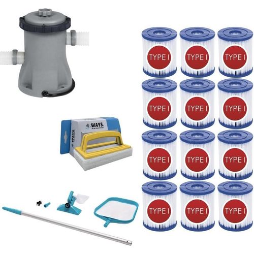 WAYS - Poolpflege - Wartungsset & Filterpumpe 1249 L/h & 12 Filter Typ I & WAYS Scheuerbürste