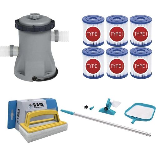 WAYS - Poolpflege - Wartungsset & Filterpumpe 1249 L/h & 6 Filter Typ I & WAYS Scheuerbürste