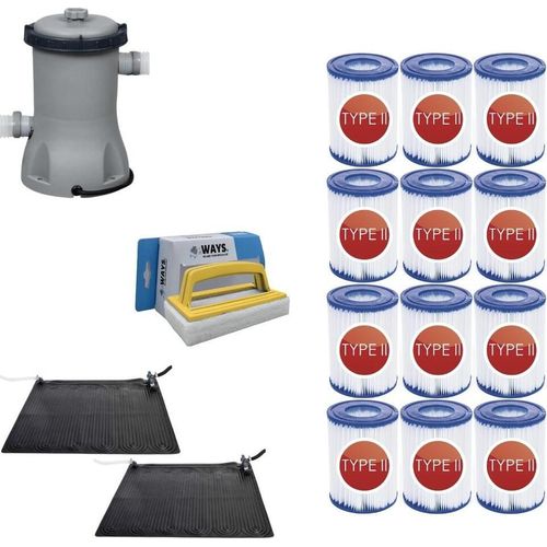 WAYS - Poolpflege - 2x Solarmat & Filterpumpe 2006 L/h & 12 Filter Typ II & WAYS Scheuerbürste