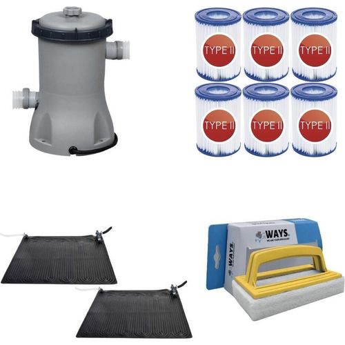 WAYS - Poolpflege - 2x Solarmat & Filterpumpe 2006 L/h & 6 Filter Typ II & WAYS Scheuerbürste