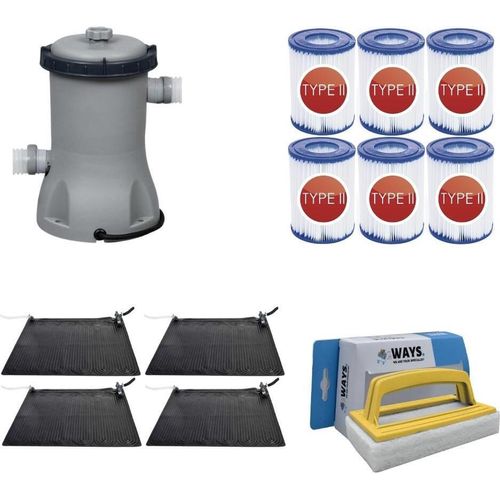 WAYS - Poolpflege - 4x Solarmat & Filterpumpe 2006 L/h & 6 Filter Typ II & WAYS Scheuerbürste