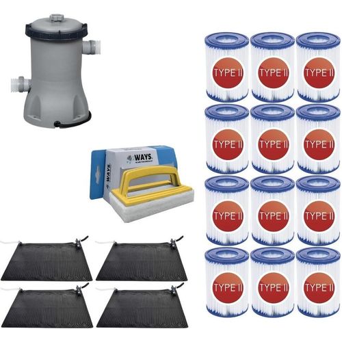 WAYS - Poolpflege - 4x Solarmat & Filterpumpe 2006 L/h & 12 Filter Typ II & WAYS Scheuerbürste