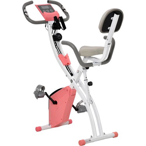 HOMCOM Heimtrainer 2-in-1 Fahrradtrainer LCD-Display klappbarer Hometrainer Trimmrad mit 8 stufig einstellbarem Magnetwiderstand und 1 Paar Spannseil Stahl Rosa+Weiß 97x51x115 cm