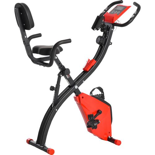 HOMCOM Heimtrainer 2-in-1 Fahrradtrainer LCD-Display klappbarer Hometrainer Trimmrad mit 8 stufig einstellbarem Magnetwiderstand und 1 Paar Spannseil Stahl Rot+Schwarz 97x51x115 cm