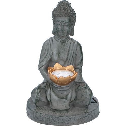 Grundig Buddha Figur mit Solarlampe - Buddha Gartenfigur - LED - Ein- und Ausschalttaste - Brenndauer 6-8 Stunden - 17x16x27cm