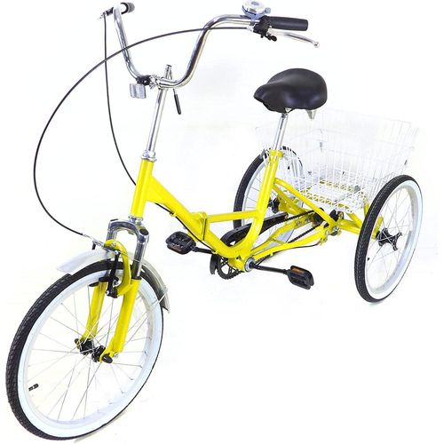 Dreirad für Erwachsene 20 zoll Faltbar Erwachsenendreirad Gelb Single Speed U-förmige Lenker Trike mit Korb für Senioren, Frauen, Männer