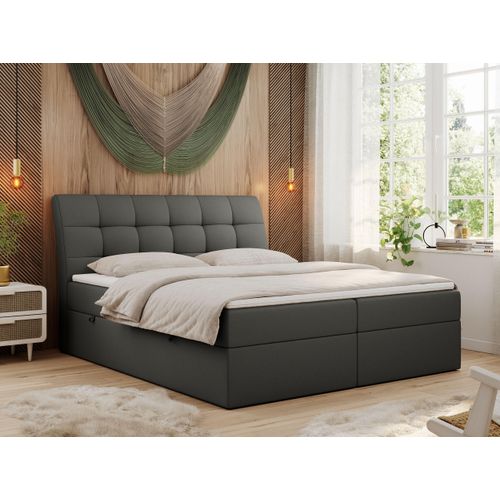Boxspringbett 160x200 mit Matratze, Bett mit Multipocket - Matratze H3 und Topper, Polsterbett 160x200 mit Bettkasten und Kopfteil, DIEGOS - 160x200 - Dunkelgrau - Kunstleder - H3