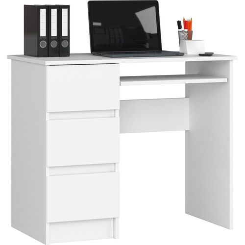 Computertisch Bürotisch mit ausziehbarer Tastaturablage, Laminatplatte mit ABS-Kante, mit 3 Schubladen links, 90 x 50 x 77 cm, weiß