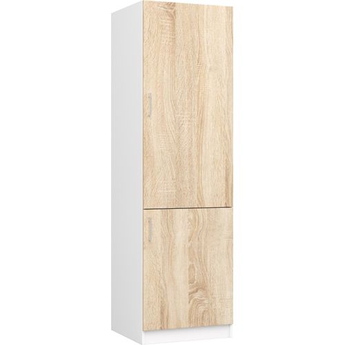 Küchenschrank für Einbaukühlschrank: zwei Türen, ein Regal, Farbe: weiß | Sonoma-Eiche, Möbelmaße: B: 60 cm, H: 205 cm, T: 55 cm.