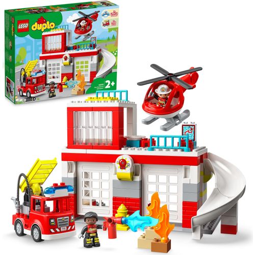 LEGO 10970 DUPLO Feuerwehrwache mit Hubschrauber, Feuerwehr-Spielzeug aus Bausteinen für Kleinkinder ab 2 Jahre, mit Feuerwehrauto und 2 Figuren, Geschenk für Mädchen und Jungen