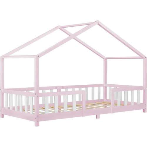 Kinderbett ’Treviolo‘ in Haus-Optik mit Rausfallschutz Kiefernholz 90 x 200 cm Rosa / Weiß