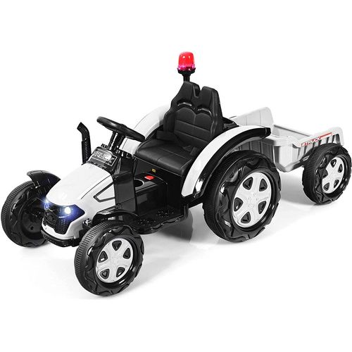 COSTWAY 12V Traktor mit 2,4G Fernbedienung und abnehmbarem Anhänger, 2-in-1 Kinder Aufsitztraktor mit Scheinwerfer, Hupe, MP3-Player & USB-Anschluss, Elektrotraktor für Kinder 3-8 Jahren (Weiß)