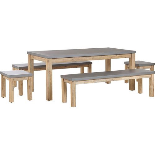BELIANI Gartenmöbel Set Tisch 2 Bänken 2 Hockern Grau / Heller holzfarbton Faserzement / Akazienholz Indoor & Outdoor Garten Schlafzimmer Wohnzimmer