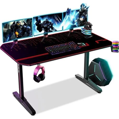 Gaming Tisch 140cm T-Form Computertisch, Schreibtisch Holz, Ergonomisch, Mauspad Becherhalter, Schwarz