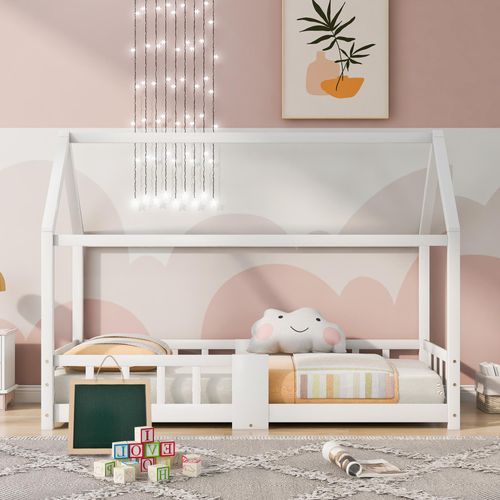 Flieks Hausbett Kinderbett 90*200cm, Kiefernholzbett mit Rausfallschutz und Tafel, Bodenbett Einzelbett mit Lattenrost, Weiß