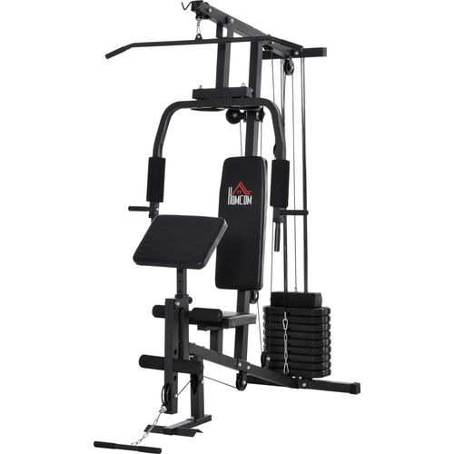 HOMCOM Gym Kraftstation Fitnessstation Multigym Fitnesscenter Fitnessgerät inkl. Gewichten mit Rollenpolsterung Stahl Kunstleder Schwarz 148 x 108 x 207 cm