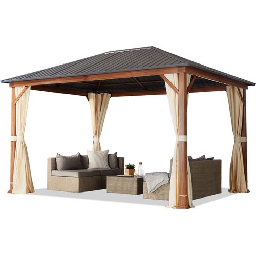 Gartenpavillon 3x4 m Holzoptik, Stahldach Hardtop 4 Seitenteile in Champagner