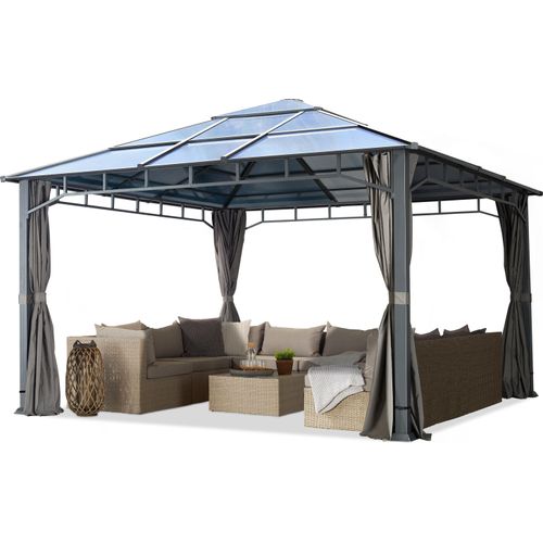 Gartenpavillon 4x4 m Polycarbonat Dach ca. 8 mm Pavillon 4 Seitenteile Gartenzelt in grau