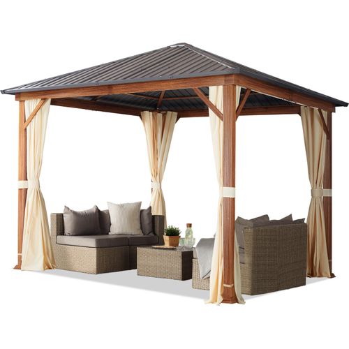 Gartenpavillon 3x3 m Holzoptik, Stahldach Hardtop 4 Seitenteile in Champagner
