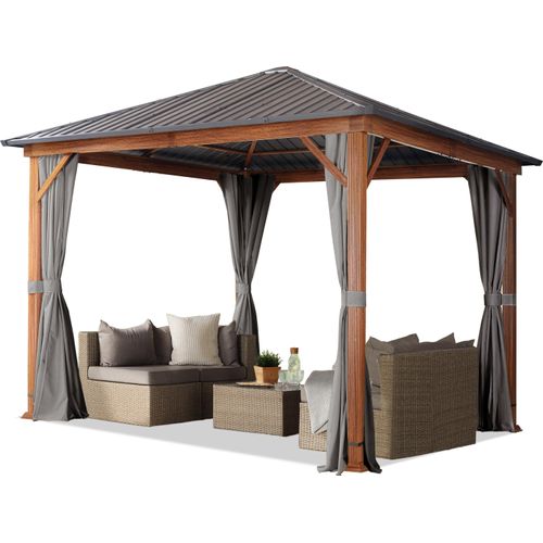 Gartenpavillon 3x3 m Holzoptik, Stahldach Hardtop 4 Seitenteile in grau