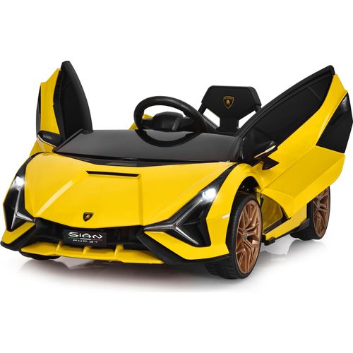 COSTWAY Lamborghini 12V Kinderauto mit 2,4G-Fernbedienung, Elektroauto 3-5km/h mit MP3, Radio, Musik und LED-Scheinwerfer, Kinderfahrzeug für Kinder von 3-8 Jahren Gelb
