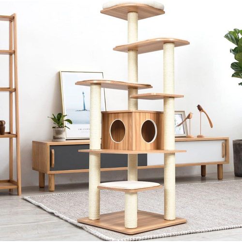 COSTWAY 175cm Katzenbaum 6-stufiger Holz, Spielhaus mit Höhle und 5 Matten
