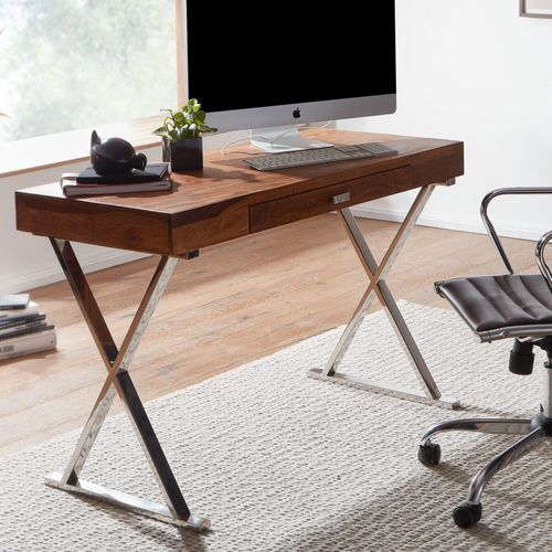 Schreibtisch FineBuy Bürotisch 120x55 cm Massivholz Metall Computertisch Tisch