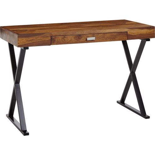 Schreibtisch 120x55x78 cm Sheesham Massivholz / Metall Schwarz, Design Bürotisch mit Schublade, HomeOffice Laptoptisch Computertisch mit Stauraum