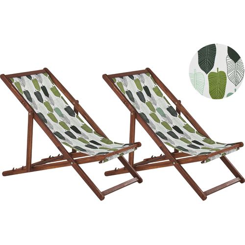 BELIANI Liegestühle 2er Set Weiß/Grün dunkles Akazienholz mit buntem Bezug zusammenklappbar Blättermotiv Gartenausstattung Outdoor Gartenzubehör Modern