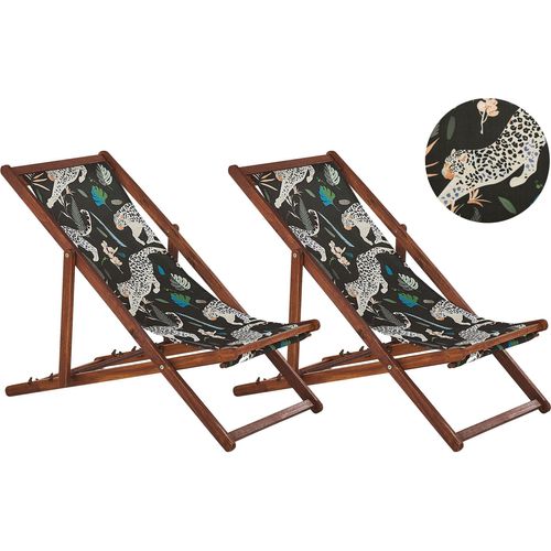 BELIANI Liegestühle 2er Set aus dunklem Akazienholz mit schwarzem Bezug zusammenklappbar Gepardenmotiv Gartenausstattung Outdoor Gartenzubehör Modern