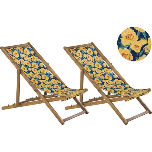 BELIANI Liegestühle 2er Set aus hellem Akazienholz mit buntem Bezug zusammenklappbar Blumenmuster Gartenausstattung Outdoor Gartenzubehör Modern