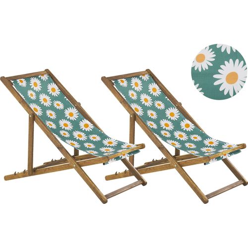 BELIANI Liegestühle 2er Set aus hellem Akazienholz Bezug mit Kamillenmuster mehrfarbig zusammenklappbar Gartenausstattung Outdoor Gartenzubehör Modern