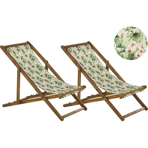 BELIANI Liegestühle 2er Set Grün/Rosa mit Blumenmuster aus hellem Akazienholz zusammenklappbar Gartenausstattung Outdoor Gartenzubehör Modern