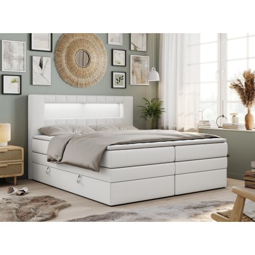Boxspringbett mit LED Kopfteil und Topper - GOLD-5-KING - 120x200cm - Weiß - Mittelfest (H3)