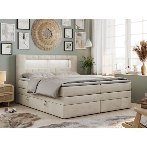 Boxspringbett mit LED Kopfteil und Topper - GOLD-5-KING - 200x200cm - Beige - Hart (H4)
