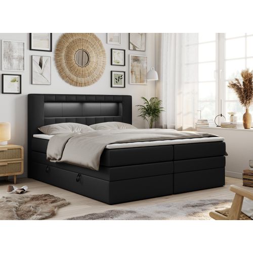 Boxspringbett mit LED Kopfteil und Topper - GOLD-5-KING - 200x200cm - Schwarz - Hart (H4)