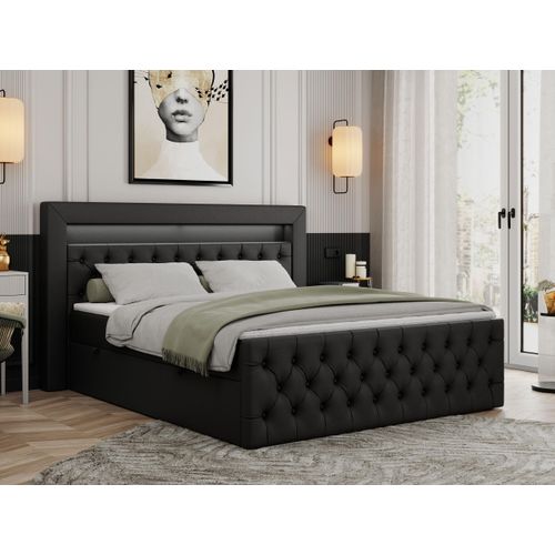 Boxspringbett 120x200 mit Led, Polsterbett 120x200 mit LED Kopfteil - Multipocket-Matratze H4 - Doppelbett mit Bettkasten Stauraumbet - GOLD-9 - 120x200cm - Kunstleder - Schwarz - H4