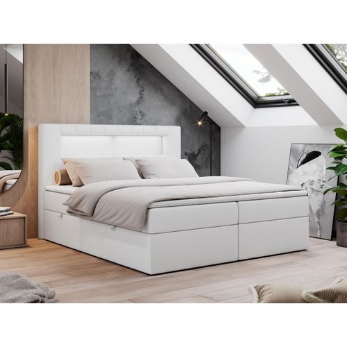 Boxspringbett 140x200 mit Led, Polsterbett mit LED Kopfteil - Multipocket-Matratze - Doppelbett - GOLD-5 - 140x200 - Weiß - Kunstleder - H4