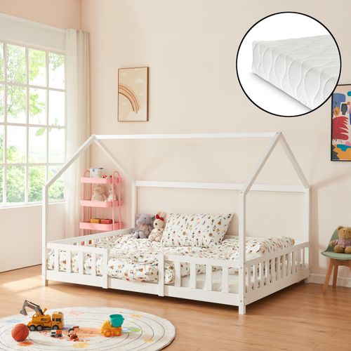 Kinderbett ’Sisimiut’ in Haus-Optik mit Matratze und Rausfallschutz Kiefernholz 120 x 200 cm Weiß