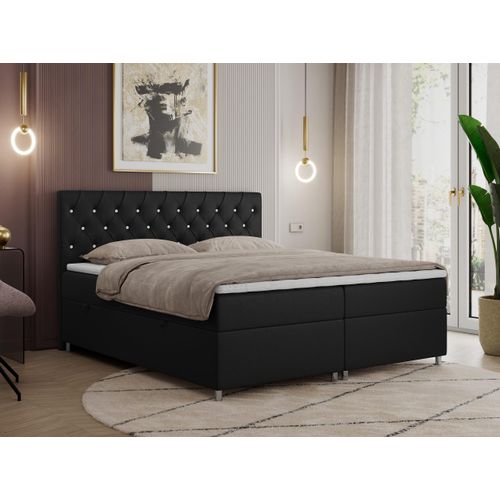 Boxspringbett 160x200 mit Bettkasten, Boxspringbett 160x200 mit Matratze, Doppelbett mit Matratze und Topper - Polsterbett mit Kopfteil - ROMA - 160x200 - Schwarz - Kunstleder - H4