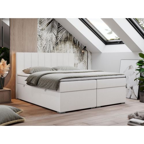 Boxspringbett 200x200, Bett 200x200 mit Matratze und Topper, Boxspringbett mit Bettkästen, Doppelbett - LOPE - 200x200 - Weiß - Kunstleder - H3