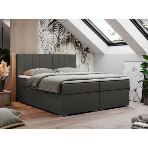 Boxspringbett 140x200, Bett 140x200 mit Matratze und Topper, Boxspringbett mit Bettkästen, Doppelbett - LOPE - 140x200 - Dunkelgrau - Kunstleder - H3