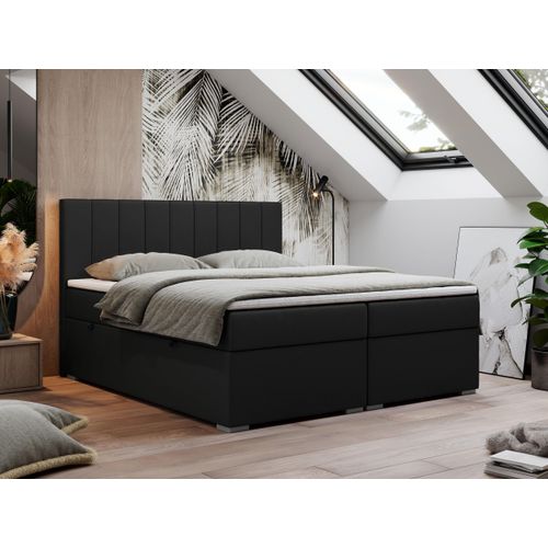 Boxspringbett 140x200, Bett 140x200 mit Matratze und Topper, Boxspringbett mit Bettkästen, Doppelbett - LOPE - 140x200 - Schwarz - Kunstleder - H3